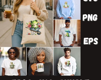 Pacchetto di immagini clipart di rane stravaganti, set di graziosi PNG SVG di anfibi, grafica di rane dei cartoni animati, clipart di giardini piovosi, arte estiva di rane per artigiani