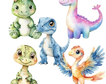 Pacchetto di clipart di dinosauri ad acquerello: arte per cameretta dei T-Rex (file PNG, PDF)