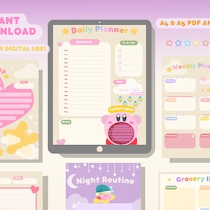 Planificador digital para iPad / Planificador diario y semanal Kawaii en PDF / Linda plantilla rosa de productividad de Goodnotes, Kirby