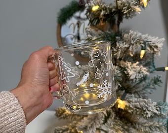Gingerbread Christmas Glass Mug, Glass Mug, Christmas Season, Snowflakes, Christmas Tree, Glass Mug, Hot Chocolate Mug, Coffee Mug