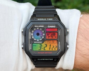 Custom Modded Casio AE1200 Watch — Rainbow Casio Royale — Retro Digital World Timer