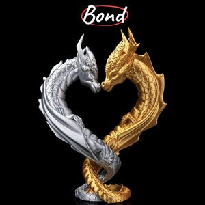 May include: Two silver and gold dragons intertwined in a heart shape, with the text "Draconic Bond" above them.
