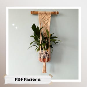Peut inclure: Un porte-plante en macramé avec une baguette en bois, suspendu à un mur bleu clair. Le porte-plante est fait de cordon de couleur naturelle et présente un motif géométrique. Une plante en pot est suspendue au porte-plante en macramé.