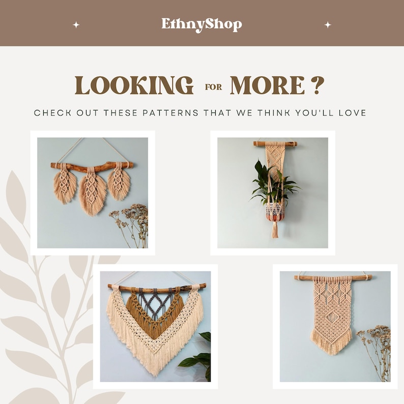 May include: Four macrame wall hangings with different patterns and colours. The hangings are made with natural fibres and have a rustic, bohemian style.  "LOOKING FOR MORE? CHECK OUT THESE PATTERNS THAT WE THINK YOU'LL LOVE"