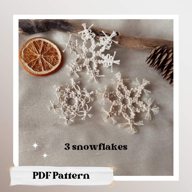 May include: Three white crocheted snowflakes on a beige background. The text "3 snowflakes" and "PDF Pattern" is visible below the snowflakes.