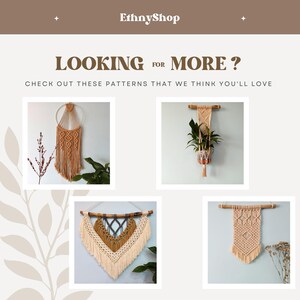 May include: Four macrame wall hangings in different patterns and colours. The hangings are made with natural fibres and have a bohemian style. The text "Looking for more?" is at the top of the image.