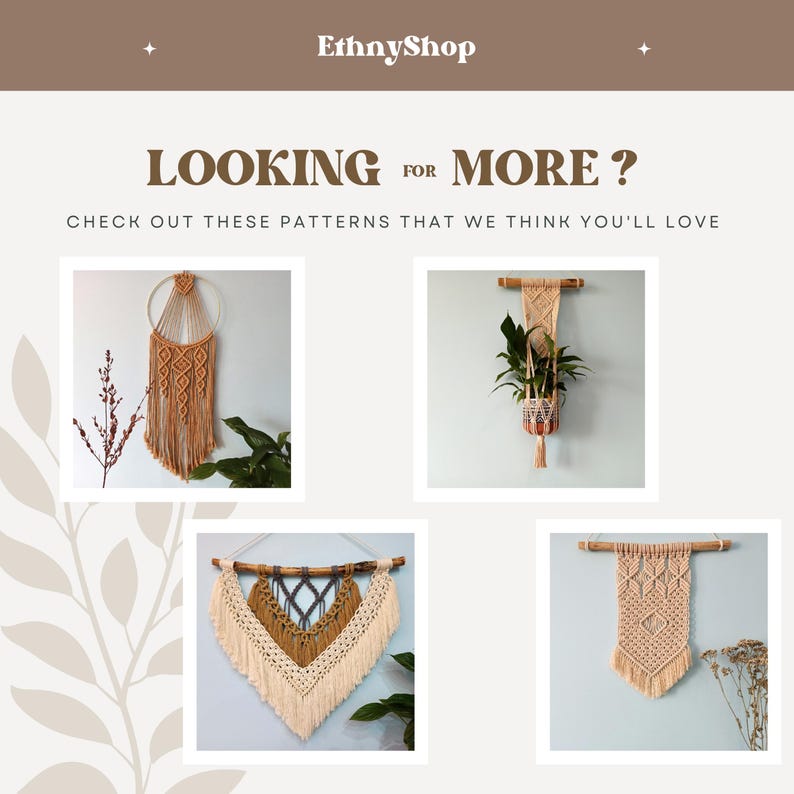 May include: Four macrame wall hangings in different patterns and colours. The hangings are made with natural fibres and have a bohemian style. The text "Looking for more?" is at the top of the image.