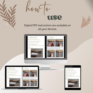 May include: Digital PDF instructions for a craft project displayed on a computer screen, laptop, and tablet. The instructions include a list of materials and steps for creating a macrame wall hanging.