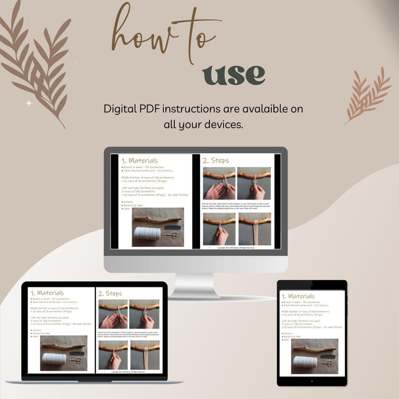 May include: Digital PDF instructions for a craft project displayed on a computer screen, laptop, and tablet. The instructions include a list of materials and steps for creating a macrame wall hanging.