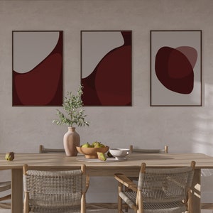 Set of 3 Prints, Red Wall Art, Minimalistic Print, Burgundy Printable Art, Living Room Abstract Poster, Contemporary Modern Shapes Art