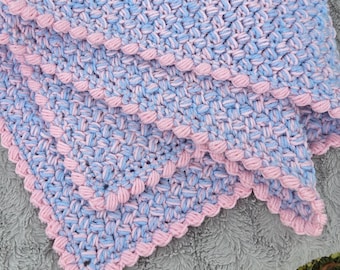 Cotton Candy Unicorn Baby Blanket Handmade Crochet, Puff Shells Two-Toned Newborn Afghan, Baby Shower Gift - Light Pink and Light Blue