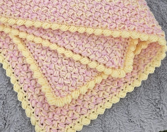 Pink Lemonade Baby Blanket Handmade Crochet, Puff Shells Two-Toned Newborn Afghan, Baby Shower Gift - Light Yellow and Light Pink