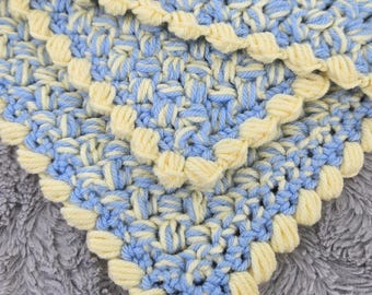 Baby Blanket Handmade Crochet, Puff Shells Two-Toned Newborn Afghan, Baby Shower Gift - Light Yellow and Light Blue