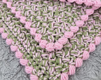 Baby Blanket Handmade Crochet "Vintage", Puff Shells Two-Toned Newborn Afghan, Baby Shower Gift - Light Pink and Light Green
