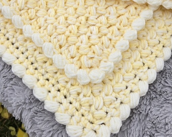 Baby Blanket Handmade Crochet "Buttercream", Puff Shells Two-Toned Newborn Afghan, Baby Shower Gift, Light Yellow and White