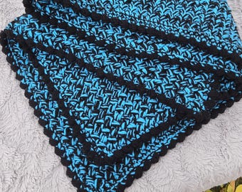 Baby Blanket Handmade Crochet, Puff Shells Two-Toned Newborn Afghan, Baby Shower gift, Gothic Baby Blanket - Caribbean Blue and Black