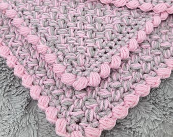 Baby Blanket Handmade Crochet, Puff Shells Two-Toned Newborn Afghan, Baby Shower Gift - Light Pink and Light Grey
