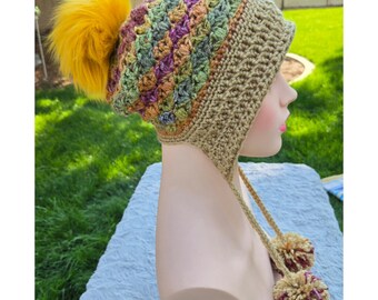 Handmade Crochet Earflap Hat with Pom Poms - Gold Multicolor (2 Options for Top Pom)
