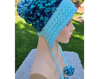 Handmade Crochet Earflap Hat with Pom Poms - Sparkly Aqua and Ocean Multicolor