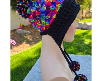 Handmade Crochet Earflap Hat with Pom Poms - Retro Roller Rink