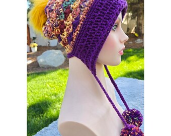 Handmade Crochet Earflap Hat with Pom Poms - Purple Hippie At Heart