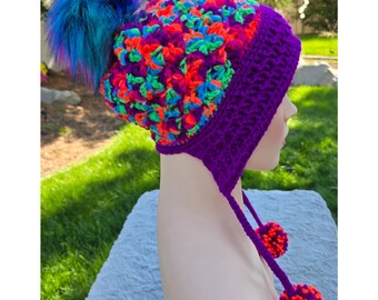 Handmade Crochet Earflap Hat with Pom Poms - Retro