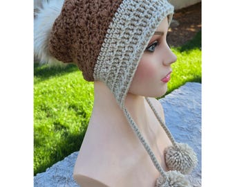 Handmade Crochet Earflap Hat with Pom Poms - Brown and Beige
