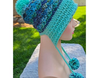Handmade Crochet Earflap Hat with Pom Poms - Mermaid Aqua (2 Options For Top Pom)