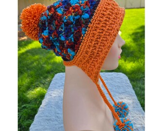 Handmade Crochet Earflap Hat with Pom Poms - Orange and Multicolor (2 options for top pom)