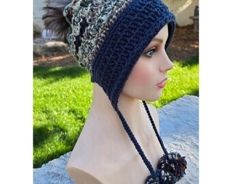 Handmade Crochet Earflap Hat with Pom Poms - Navy Blue and Multicolor