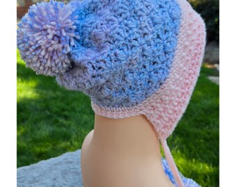 Handmade Crochet Earflap Hat with Pom Poms - Blue and Pink Kawaii