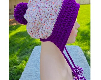 Handmade Crochet Earflap Hat with Pom Poms - Purple and Pink Confetti