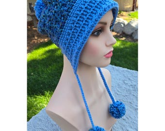 Handmade Crochet Earflap Hat with Pom Poms - Sea Blue Multicolor