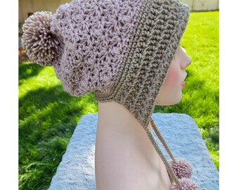 Handmade Crochet Earflap Hat with Pom Poms - Dusty Nude and Tan