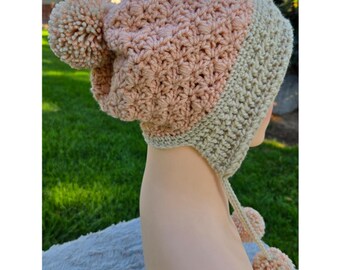 Handmade Crochet Earflap Hat with Pom Poms - Salmon Pink and Beige