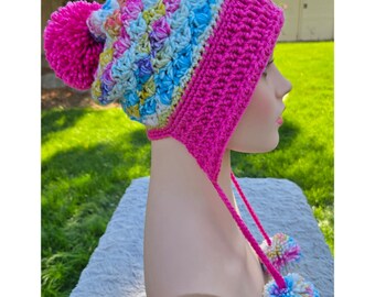 Handmade Crochet Earflap Hat with Pom Poms - Fuchsia Pink Vintage Vibes