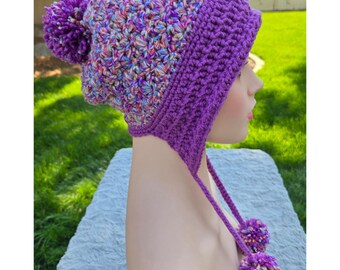 Handmade Crochet Earflap Hat with Pom Poms - Purple Rainbow Confetti