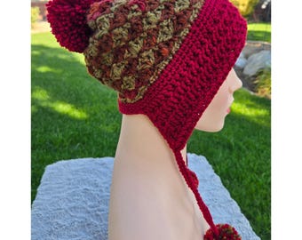 Handmade Crochet Earflap Hat with Pom Poms - Red and Autumn Colors