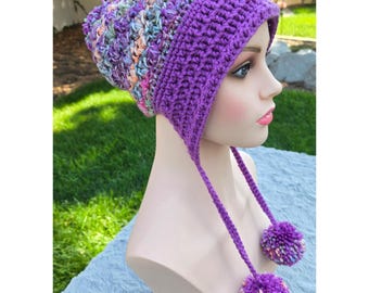 Handmade Crochet Earflap Hat with Pom Poms - Purple Multicolor