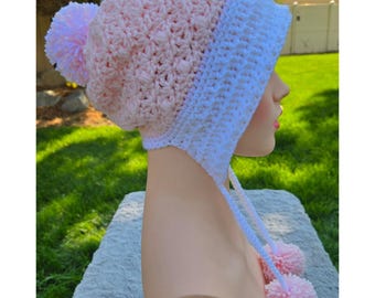 Handmade Crochet Earflap Hat with Pom Poms - Pink and White Kawaii