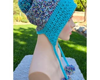 Handmade Crochet Earflap Hat with Pom Poms - Aqua Glacier Rainbow