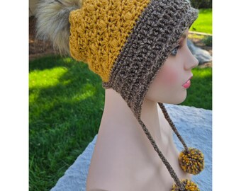 Handmade Crochet Earflap Hat with Pom Poms - Mustard Yellow and Medium Marbled Brown