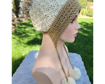 Handmade Crochet Earflap Hat with Pom Poms - Sparkly White and Gold Champagne