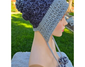 Handmade Crochet Earflap Hat with Pom Poms - Denim Blue and Grey
