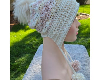 Handmade Crochet Earflap Hat with Pom Poms - Cream and Light Multicolor (2 options for top fur pom)