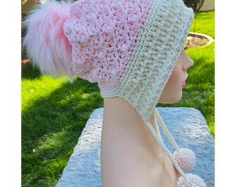 Handmade Crochet Earflap Hat with Pom Poms - Pink and Cream