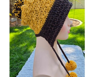 Handmade Crochet Earflap Hat with Pom Poms - Mustard Yellow and Dark Marbled Brown