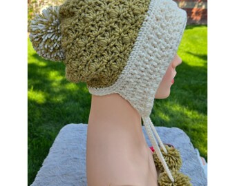 Handmade Crochet Earflap Hat with Pom Poms - Light Olive Green and Cream