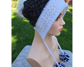 Handmade Crochet Earflap Hat with Pom Poms - Black Sparkly and White