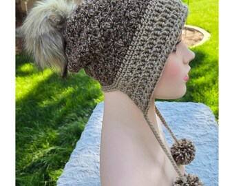 Handmade Crochet Earflap Hat with Pom Poms - Marbled Brown and Tan